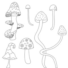 Magic mushrooms doodle. Black and white illustration set. Vector space mushrooms. Coloring page of mushrooms.