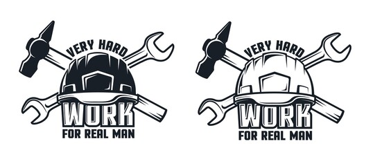 Industrial retro emblem with hard hat hammer and spanner. Work logo with helmet and tools. Vector illustration. - obrazy, fototapety, plakaty