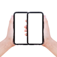 Close-up of male hands holding two smartphones with mockup isolated on white.