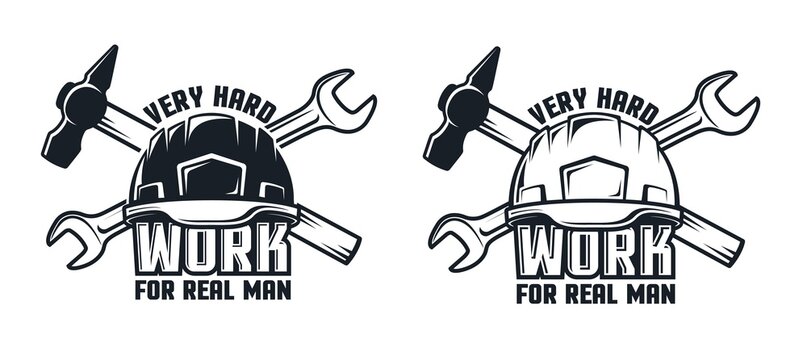 Industrial retro emblem with hard hat hammer and spanner. Work logo with helmet and tools. Vector illustration.