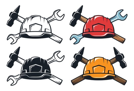 Hard Hat Crossed Hammer And Spanner - Retro Emblem. Work Helmet And Tools -Vintage Industral Logo. Vector Illustration.