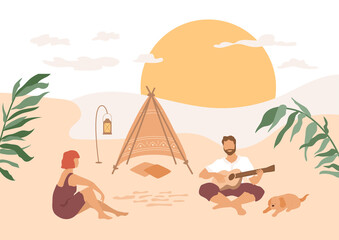 Summer illustration. Couple resting on the beach, playing guitar. Tropical vector scene with seaside, sunset. Abstract character, domestic dog with owner. Boho style hut with lantern, travel concept