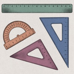 Items for study and office: rulers set. In vintage style. Textured illustration. Halftones. Use for posters, invitations, banners, school illustrations, office decoration