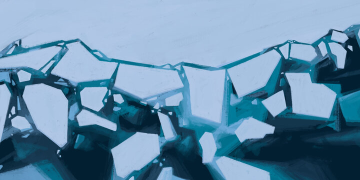 Arctic ice caps melting top view, global warming waning illustration, grunge digital paint / speed paint chalk color style