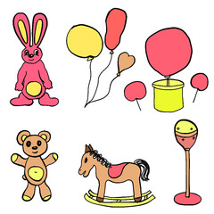 bunny, rabbit, cotton candy, chupa-chups, rocking horse, bear, balloon, ice cream, earrings, rings, candies