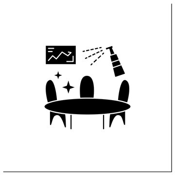 Office Disinfection Glyph Icon. Workplaces Sanitizing. Surface Disinfection. Safety Space And Preventative Measures.Filled Flat Sign. Isolated Silhouette Vector Illustration