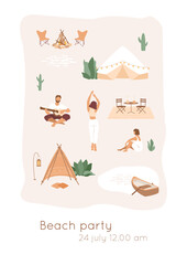 Naklejka premium People relax on seaside, walk, play the guitar, dance. Boho hut, marquee, cafe with lemonade on table, abstract lake with boat, cactus, leaves. Tropical summer illustration, beach party concept.