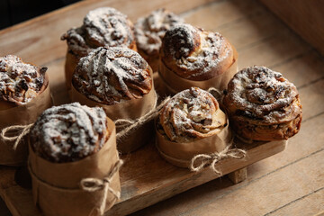 Beautiful Easter craffins on wooden table.