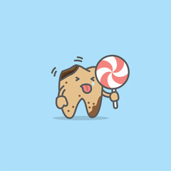 Dental cartoon of a brown decay tooth love eating candy illustration cartoon character vector design on blue background.  Dental care concept.