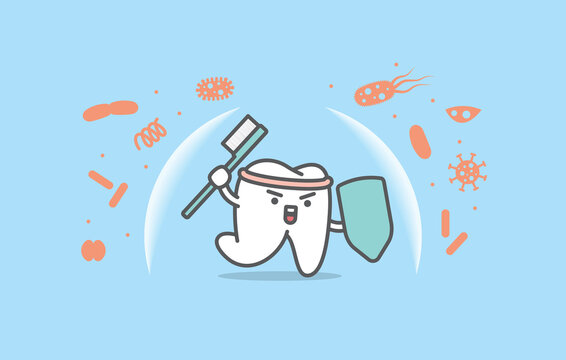Dental cartoon of a white tooth protecting bacteria with toothbrush illustration cartoon character vector design on blue background. Dental care concept.