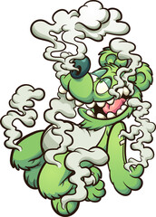Green teddy bear floating in white smoke