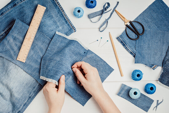 Old Jeans Upcycling Idea. Crafting With Denim, Recycling Old Clothers, Hobby, Diy Activity. Sustainable, Zero Waste Lifestyle Concept