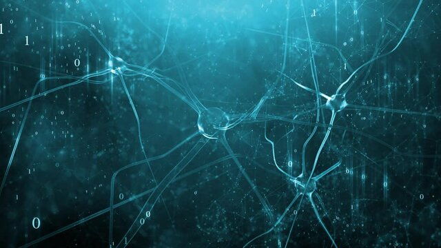 Artistic flashing neuron cells and binary code animation background.