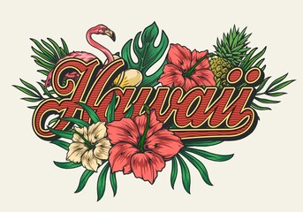 Tropical hawaiian vintage colorful print - obrazy, fototapety, plakaty