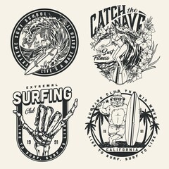Surfing vintage monochrome emblems