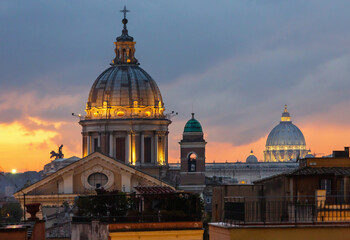 Rome City night illuminated  view  from top of Spanish Steps with Sant Ambrogio e Carlo al Corso...
