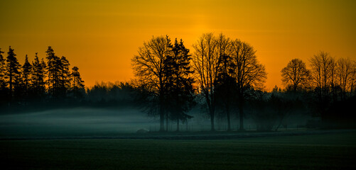 A beautiful springtime dawn landscape before the sunrise. Soft, diffused light over the rural...