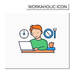 Workaholic color icon.Skip lunch breaks through work. Man at laptop. Hard working.Overworking concept.Isolated vector illustration