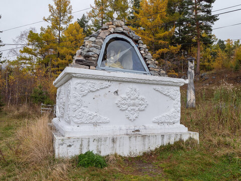 Eastern Sayans, Buryatia. Buddhist stupa with a statuette inside on the territory of the sanatorium in the Arshan settlement.