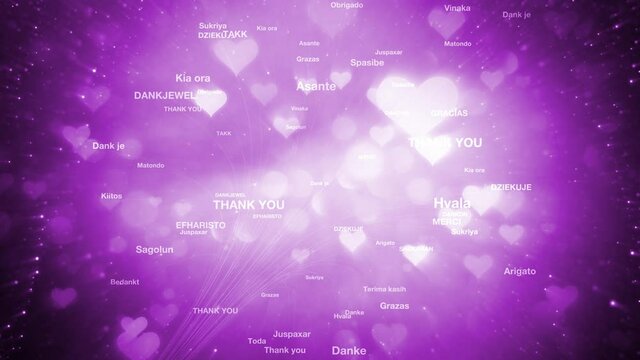 Thank you in many languages word cloud with hearts animation.