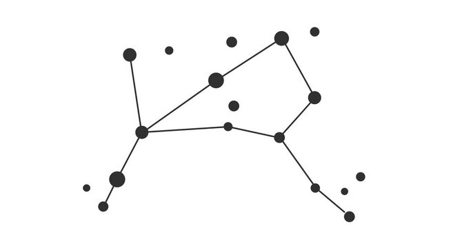 Bootes constellation. Stars in the night sky. Constellation in line art style in black and white. Cluster of stars and galaxies. Horizontal composition, 4k video quality