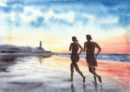 Woman and man are running on the beach in evening time, sunset over ocean