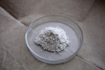 A small pile of white gypsum in a petri dish.