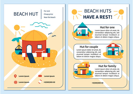 Beach hut brochure. Cheap price. Beach house rental template. Flyer, magazine, poster, book cover, booklet.Hut for everyone infographic concept.Layout illustration page with icon