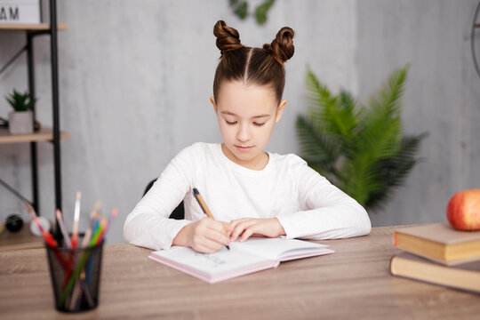 school, homework and education concept - school girl doing homework at home