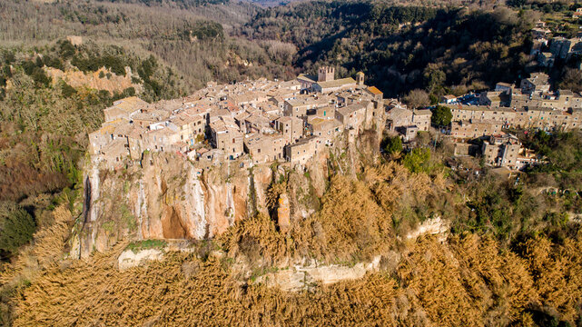 Aerial view of Calcata, Italy. The medieval town lays on a volcanic cliff, near the Treja River in the province of Viterbo.