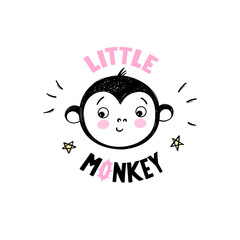 Cute little monkey head illustration in doodle style. Hand drawn cartoon animal print