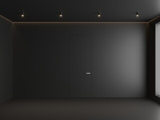 3d render black empty minimal interior with door and light