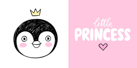 Cute penguin princess with crown isolated on white. Doodle animal face illustration. Vector character. Little princess - handwritten phrase.