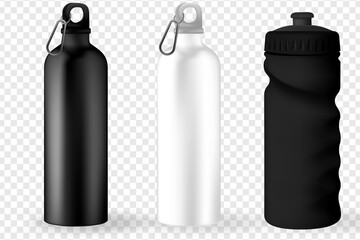 Water Bottle white, Silver and Black Empty Glossy Metal Reusable Water Bottle. Illustration of container water for sport bike and fitness. Vector realistic 3d.