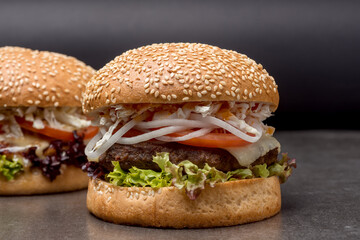 Two burgers with buna with sesame