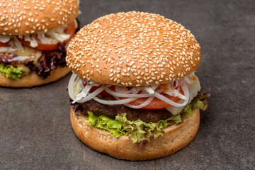 Burger with onion, tomatoes and meat on the dark background