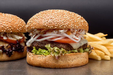 Set burgers with potatoes on the dark background