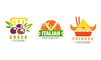 Fototapeta premium Greek, Italian, Chinese Ethnic Cuisines Restaurant Logo Set, National Food Cafe Label, Emblem, Badge Vector Illustration