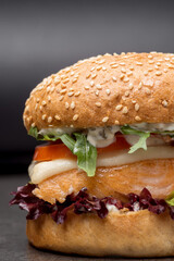 Tasty burger with salmon and vegetables coseup