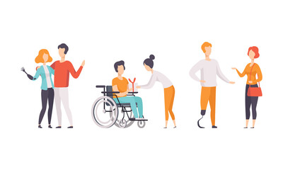 Happy Disabled People Having Good Time with their Friends Set, Support, Accessibility, Active Lifestyle Concept Flat Vector Illustration