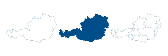 Austria map vector. High detailed vector outline, blue silhouette and administrative divisions map of Austria. All isolated on white background. Template for website, design, cover, infographics - obrazy, fototapety, plakaty