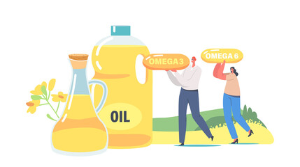 Tiny Characters Carry Huge Capsules with Omega Fats near Glass Jar and Jug with Rapeseed Canola Oil. Fresh Plant Oil
