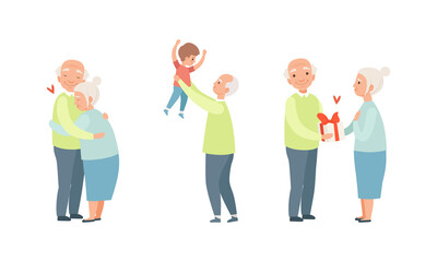 Elderly Loving Couple Set, Happy Grandparents Relationship, Grandpa Having Good Time with his Grandson Cartoon Vector Illustration