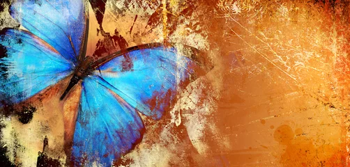 Poster Abstracte piantting - gouden blauwe vlindervleugels. beeldende kunst © Freesurf