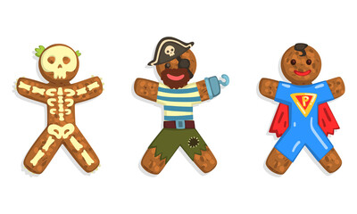 Gingerbread Man Characters Set, Traditional Sweet Xmas Ginger Biscuits Dressed Skeleton, Pirate, Superhero Costumes Cartoon Vector Illustration