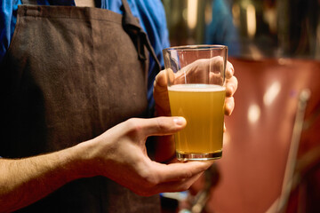 Hands of young male brewer in apron holding glass of fresh beer after preparation while standing in front of camera in workshop