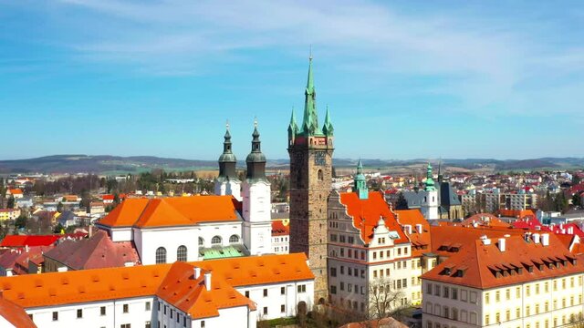 Aerial view to historic center of Klatovy town. Medieval city from 13th century. It has about 22,000 inhabitants. Amazing tourist destination near National park Sumava. Czech Republic, Central Europe.