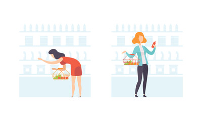 Young Women Shopping in Supermarket Set, People with Shopping Baskets Buying Grocery Products Flat Vector Illustration