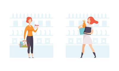 Young Women Shopping in Supermarket Set, Girls Buying Grocery Products Flat Vector Illustration