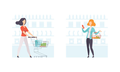 Women Shopping in Supermarket Set, People Buying Products in Grocery Store Flat Vector Illustration